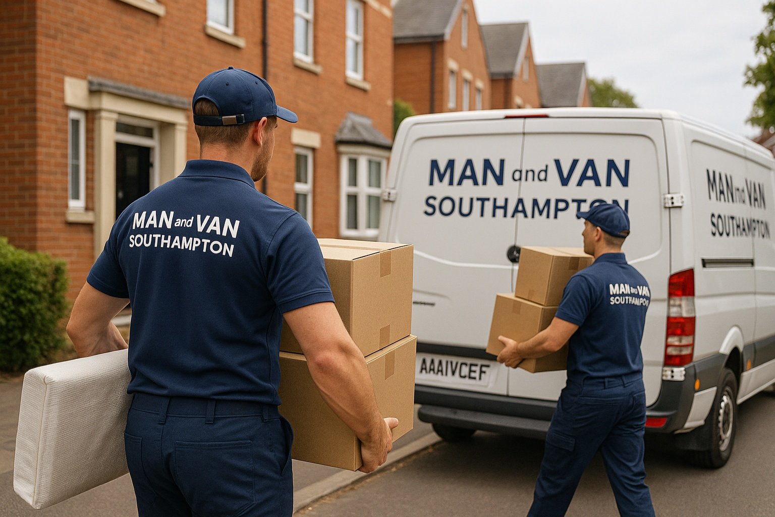 Two professional movers from Man and Van Southampton carrying boxes and a mattress into a branded moving van outside a residential property in Southampton.