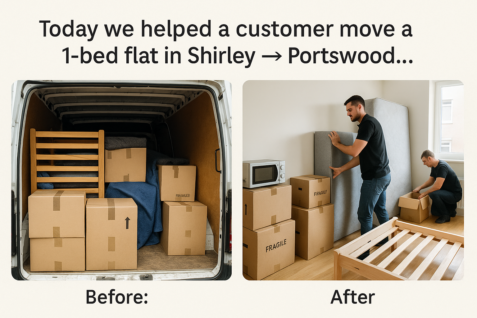 Man and Van Southampton completing a 1-bed flat move from Shirley to Portswood with before and after loading photos.