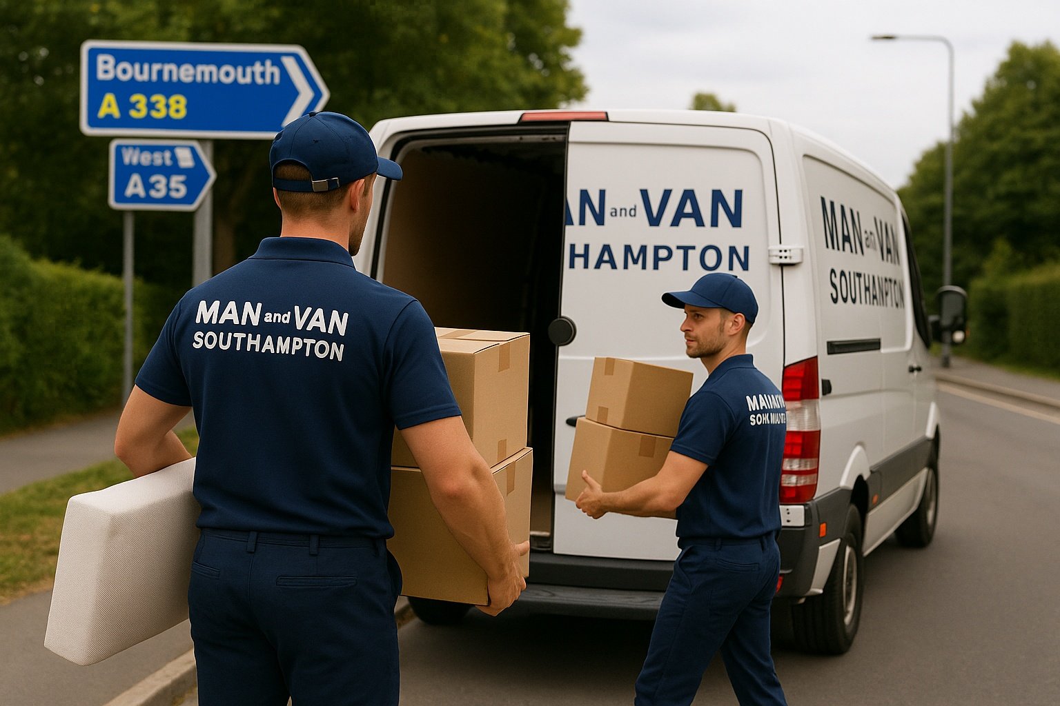 Two Man and Van Southampton movers loading boxes for a Southampton to Bournemouth route move.