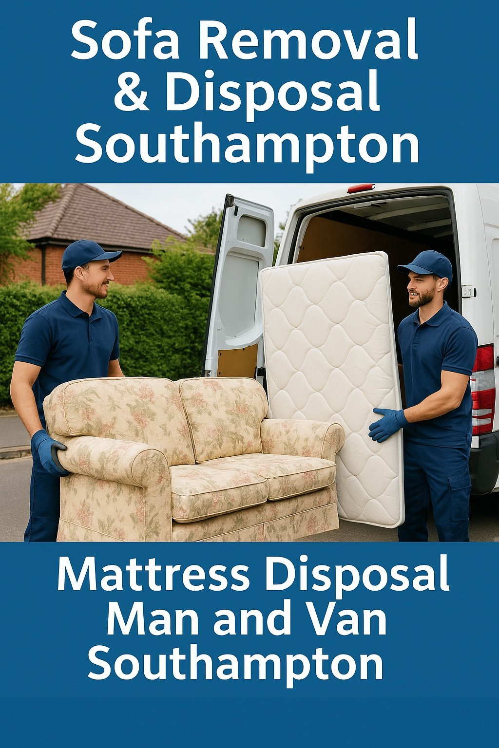 Two professional movers loading a sofa and mattress during a disposal service in Southampton