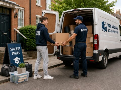 Student helping a professional mover load boxes into a van in Southampton