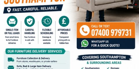 Furniture Delivery Southampton same day service flyer with delivery van and mover carrying a sofa