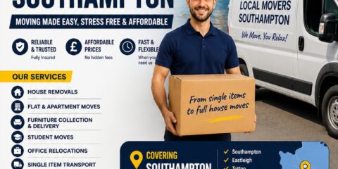 Local Movers Southampton same day removals flyer with professional mover, removals van, and Southampton waterfront background