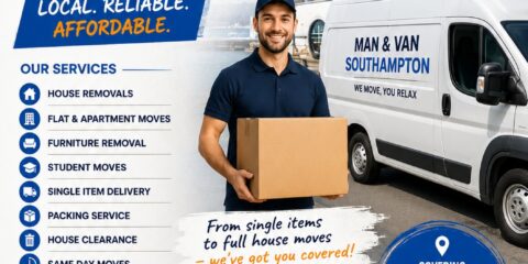 Man and Van Southampton same day house removals flyer with moving van and professional mover