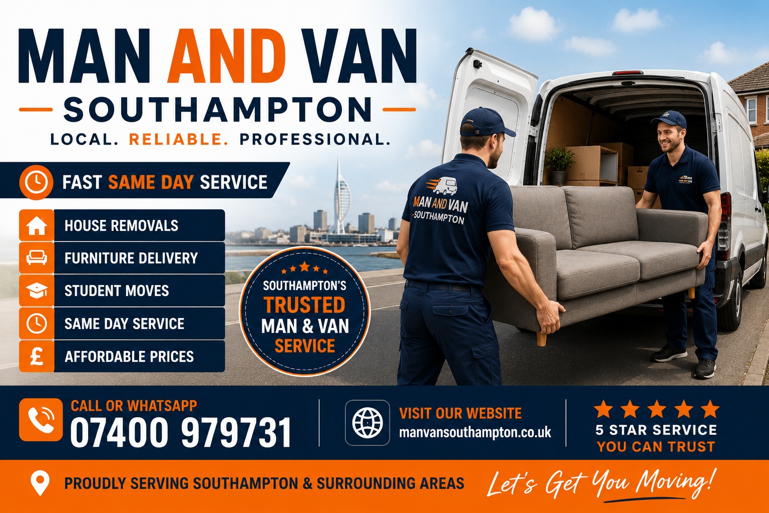 Man and Van Southampton affordable same day house removals and furniture delivery promotional banner