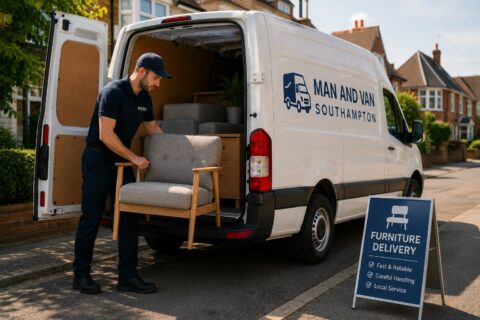 Professional furniture delivery service in Southampton unloading a wooden armchair from a branded van