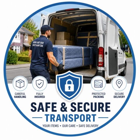 Safe and secure transport graphic for Man and Van Southampton removals service featuring protected furniture loading and secure delivery