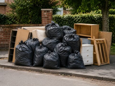 Pile of black rubbish bags and unwanted furniture awaiting waste collection in Southampton