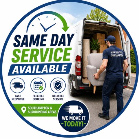 Same day removals and moving service graphic for Man and Van Southampton featuring fast response furniture transport and moving van
