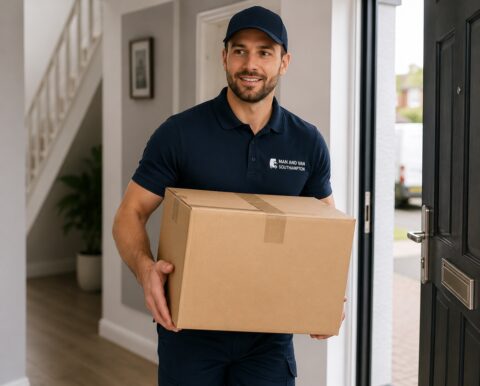 Professional mover carrying a cardboard box for a same day short notice move in Southampton