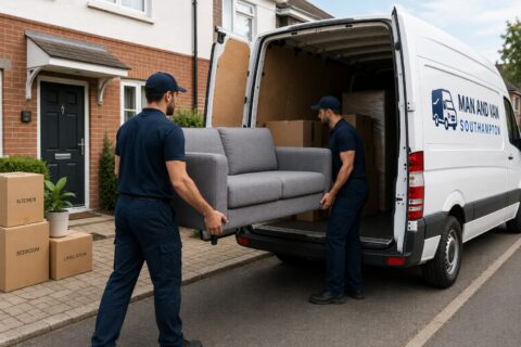 Professional same day house move in Southampton with Man and Van Southampton loading a grey sofa into a removals van