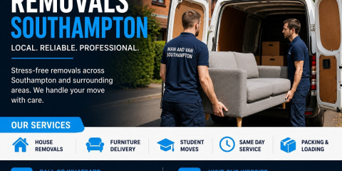 Professional removals Southampton service with branded moving team carrying boxes during a same day house move in Hampshire.
