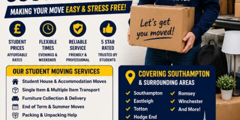 Student Moves Southampton flyer with student mover, removals van, and university accommodation moving service