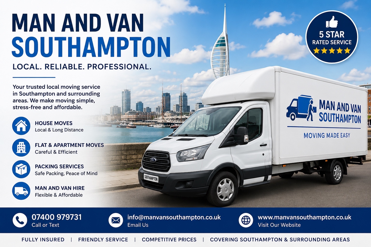 Man and Van Southampton professional house removals furniture delivery and moving services in Southampton established in 2011 with 35 five-star reviews