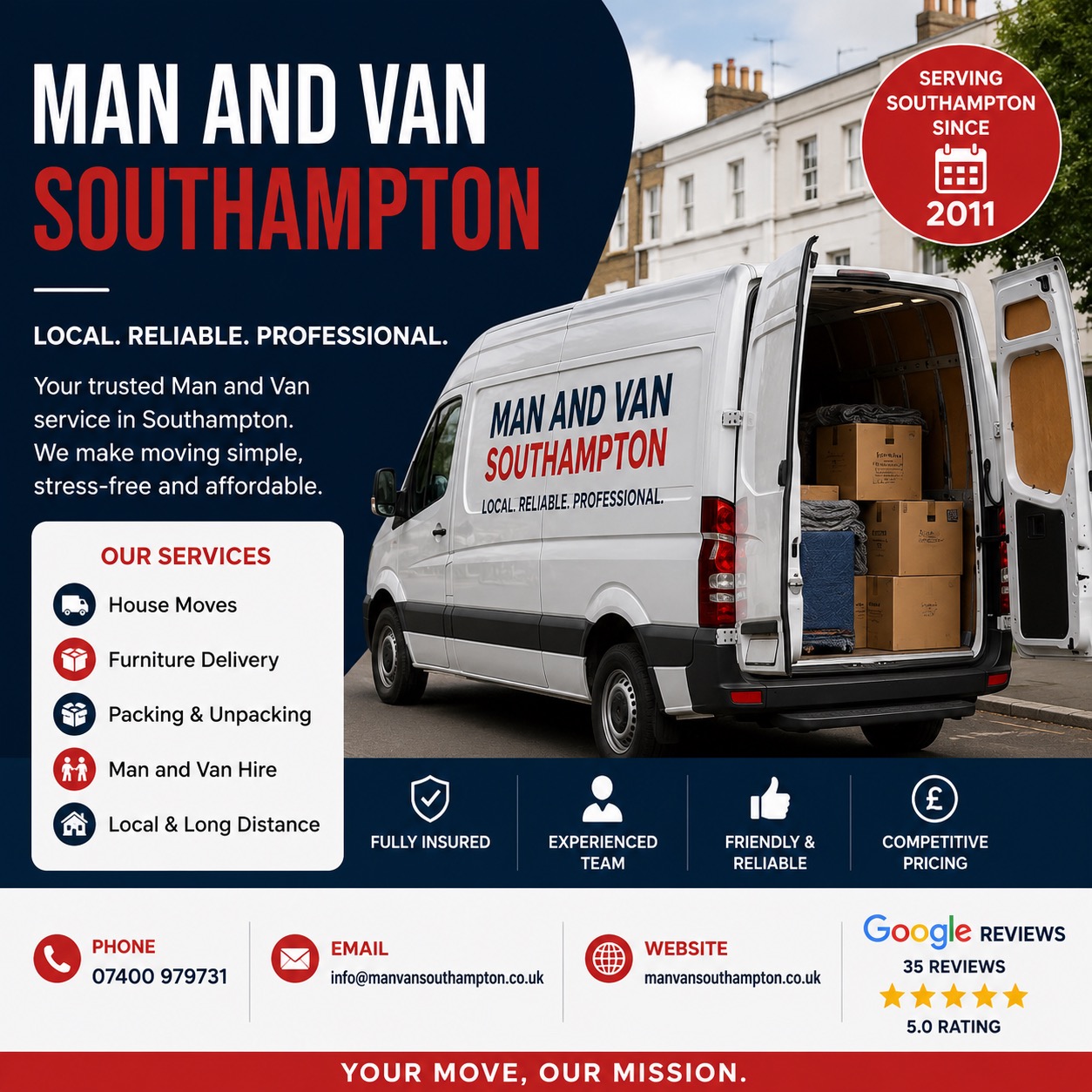 Man and Van Southampton professional house removals and moving services in Southampton established in 2011 with 35 five-star reviews