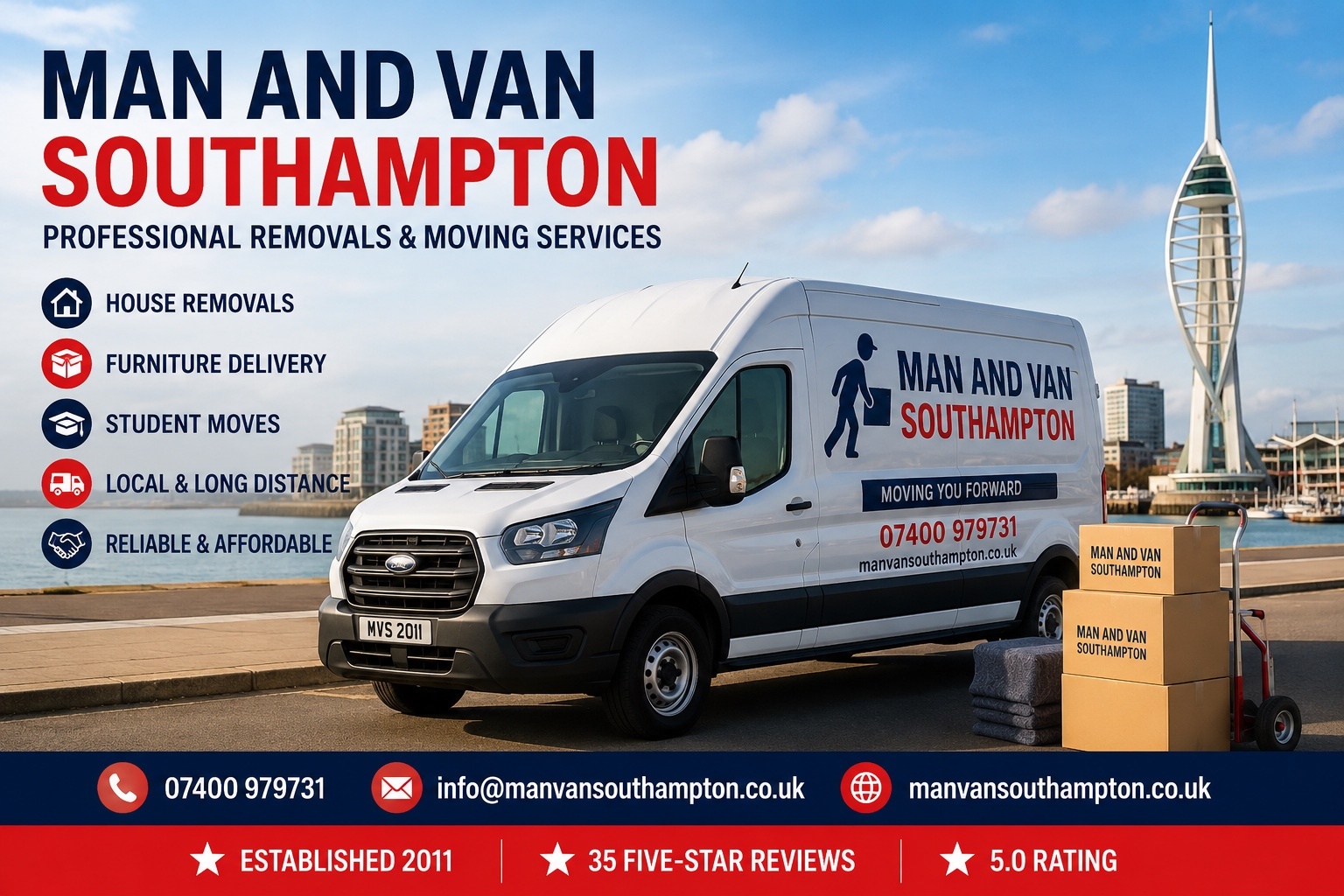 Man and Van Southampton professional house removals furniture delivery and moving services in Southampton established in 2011 with 35 five-star reviews