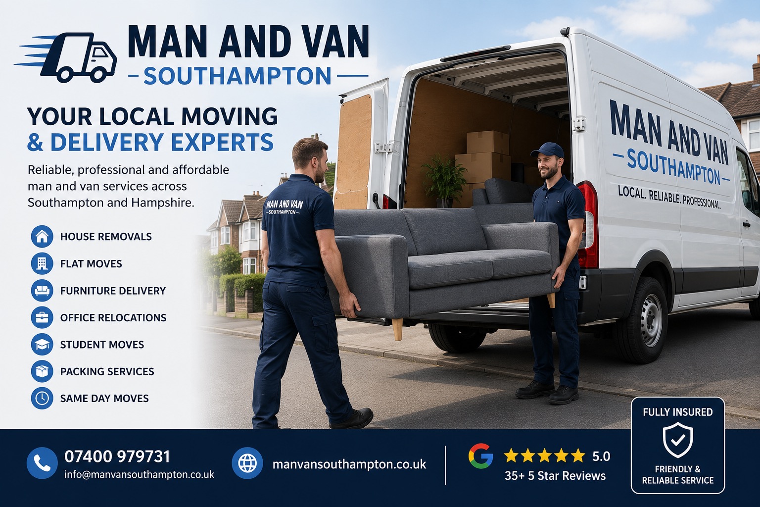 Man and Van Southampton providing professional house removals, furniture delivery, office relocations, student moves, packing services and same day moving services throughout Southampton and Hampshire.