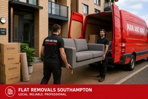 Red removal van and movers carrying a sofa for flat removals in Southampton