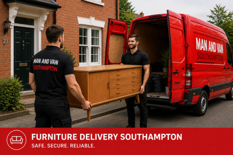 Furniture delivery in Southampton with movers carrying a wooden dresser from a red van