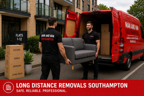 Long distance removals from Southampton with movers loading furniture into a red van