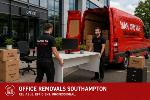 Office removals in Southampton with movers loading office furniture into a red van