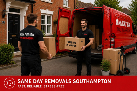 Same day removals in Southampton with movers loading boxes into a red van