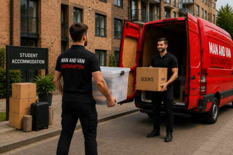 Student moves in Southampton with movers loading boxes into a red van